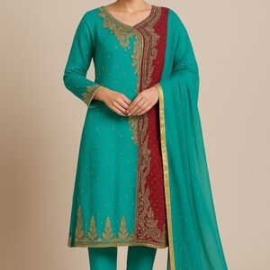 Elegant Turquoise & Maroon Formal Pakistani Dress – 3-Piece Set